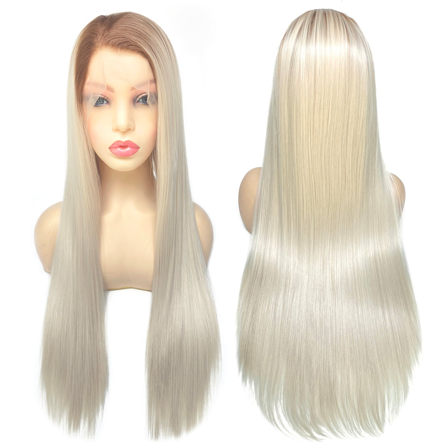 BEYOUNGER T#8/#60 Platinum Blonde Ombre Color Straight Heat Resistant Wig 13x4 Lace Front Synthetic Wig