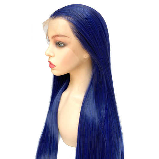 BEYOUNGER Deep Blue Color Long Straight Heat Resistant Wig 13x4 Lace Front Synthetic Wig