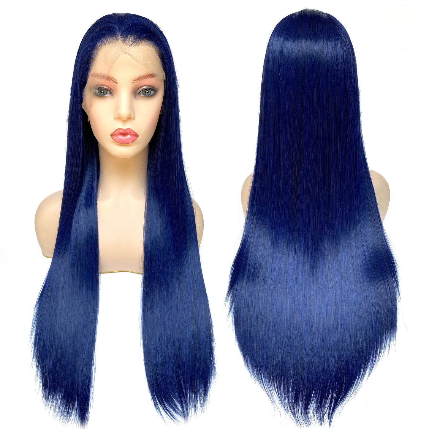 BEYOUNGER Deep Blue Color Long Straight Heat Resistant Wig 13x4 Lace Front Synthetic Wig