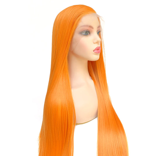 BEYOUNGER Bright Orange Color Long Straight Heat Resistant Wig 13x4 Lace Front Synthetic Wig