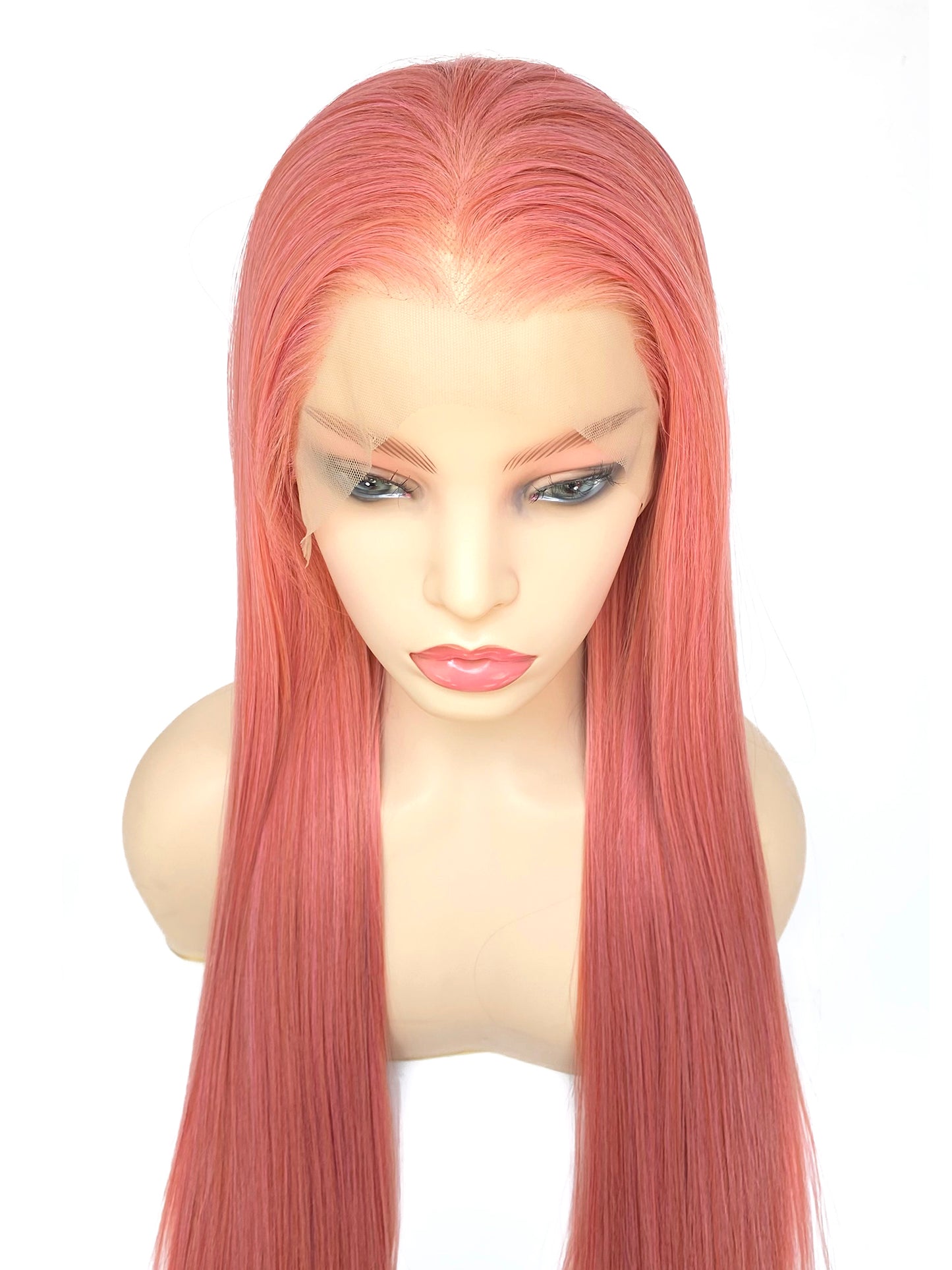 BEYOUNGER Corel Pink Color Long Straight Heat Resistant Wigs 13x4 Lace Front Synthetic Wigs