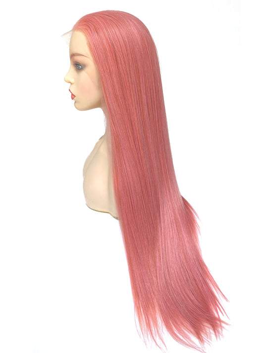 BEYOUNGER Corel Pink Color Long Straight Heat Resistant Wigs 13x4 Lace Front Synthetic Wigs