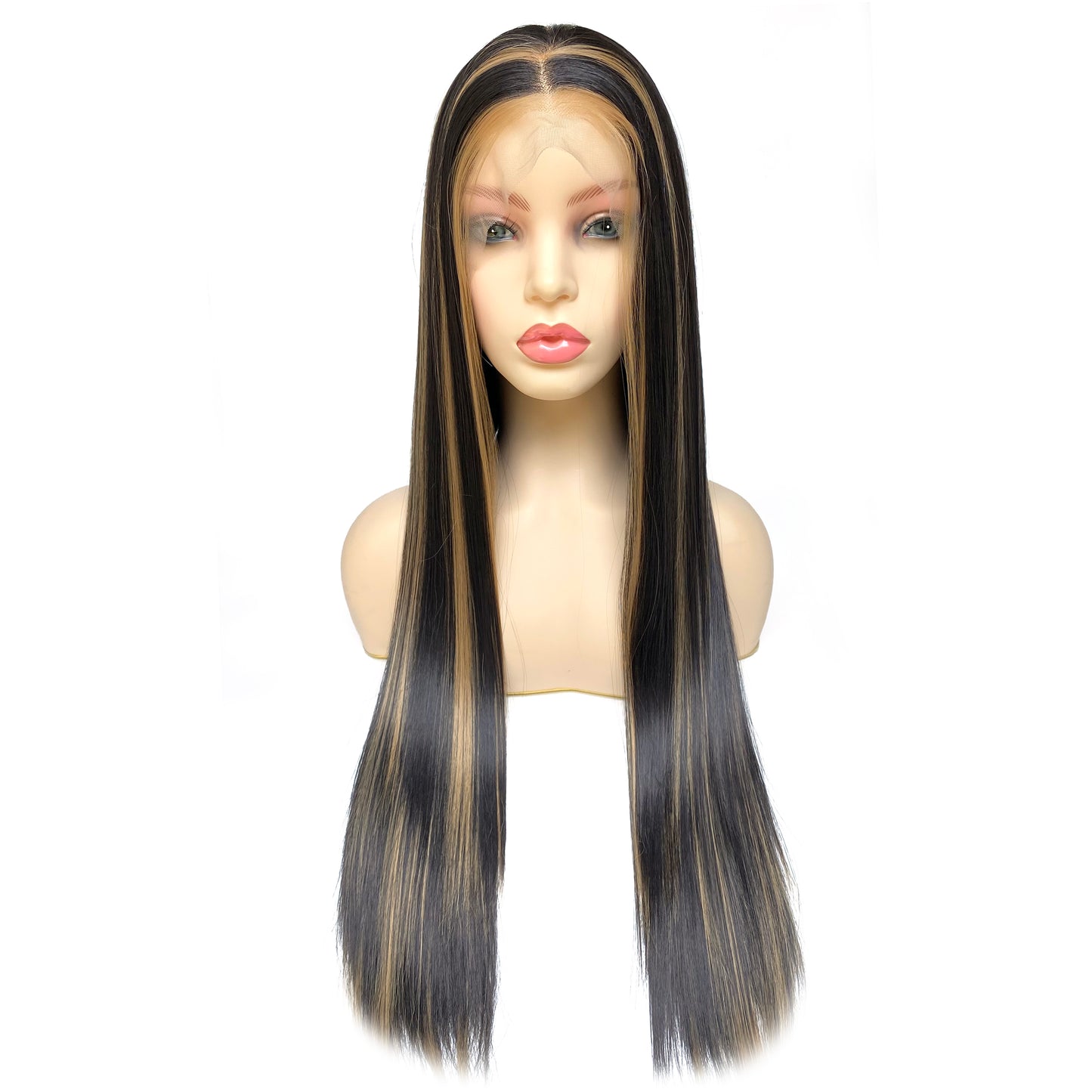 BEYOUNGER Dark Brown Highlight Color Long Straight Heat Resistant Wig 13x4 Lace Front Synthetic Wig