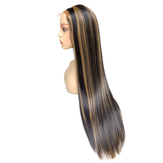 BEYOUNGER Dark Brown Highlight Color Long Straight Heat Resistant Wig 13x4 Lace Front Synthetic Wig