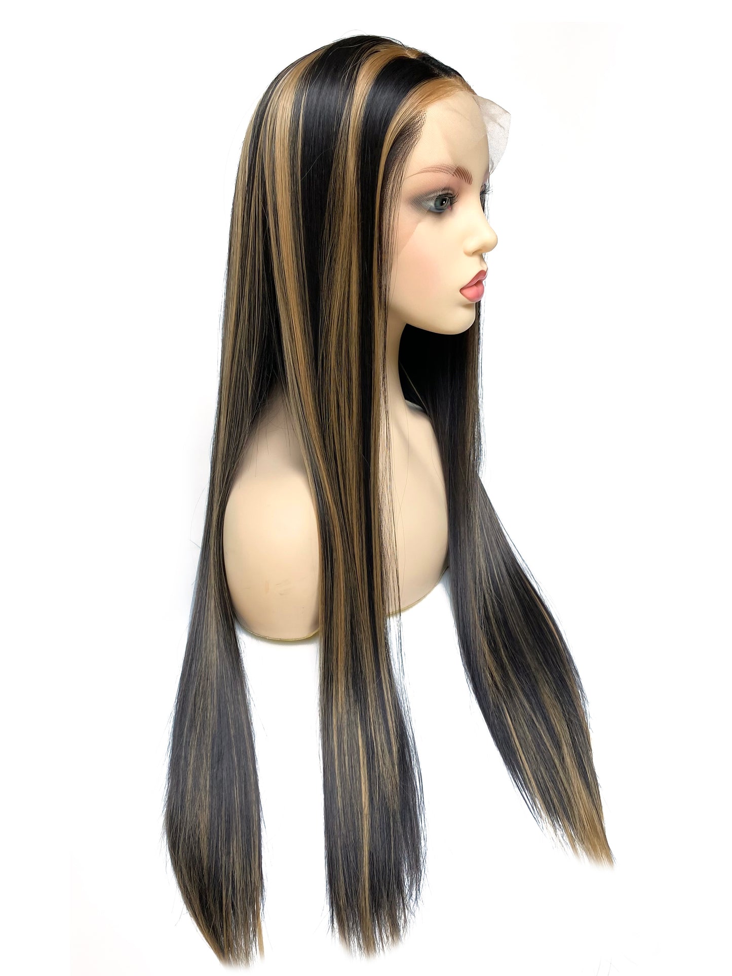 BEYOUNGER Dark Brown Highlight Color Long Straight Heat Resistant Wig 13x4 Lace Front Synthetic Wig