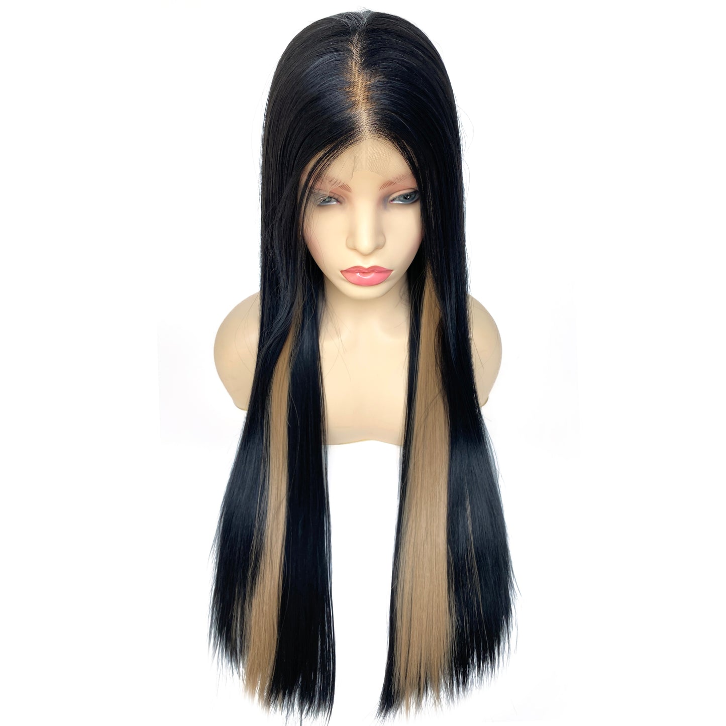 BEYOUNGER Black Highlight Blonde Color Long Straight Heat Resistant Wigs 13x4 Lace Front Synthetic Wigs