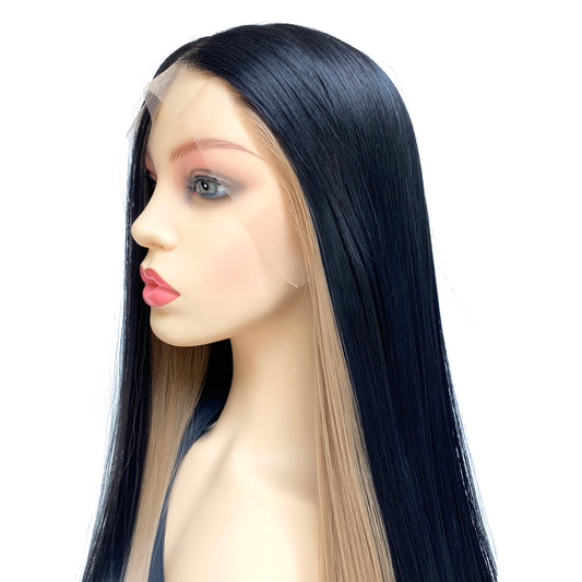 BEYOUNGER Black Highlight Blonde Color Long Straight Heat Resistant Wigs 13x4 Lace Front Synthetic Wigs