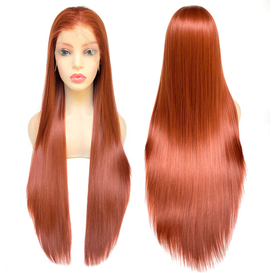 BEYOUNGER Copper Red Color Long Straight Heat Resistant Wig 13x4 Lace Front Synthetic Wig