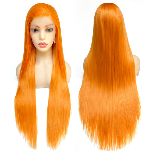 BEYOUNGER Bright Orange Color Long Straight Heat Resistant Wig 13x4 Lace Front Synthetic Wig