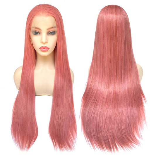 BEYOUNGER Corel Pink Color Long Straight Heat Resistant Wigs 13x4 Lace Front Synthetic Wigs