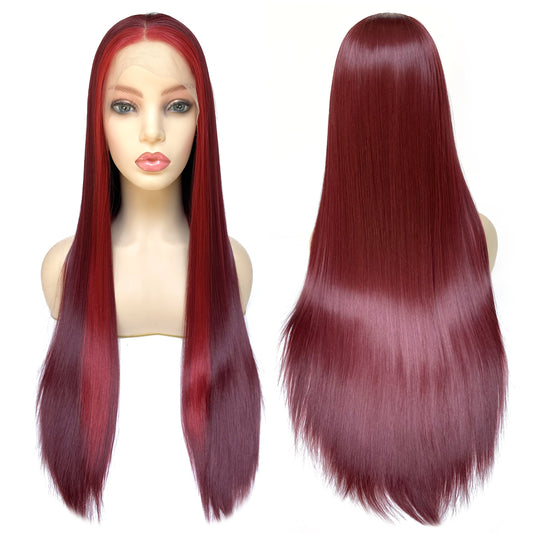BEYOUNGER Highlight Color Long Straight Heat Resistant Wig 13x4 Lace Front Synthetic Wig