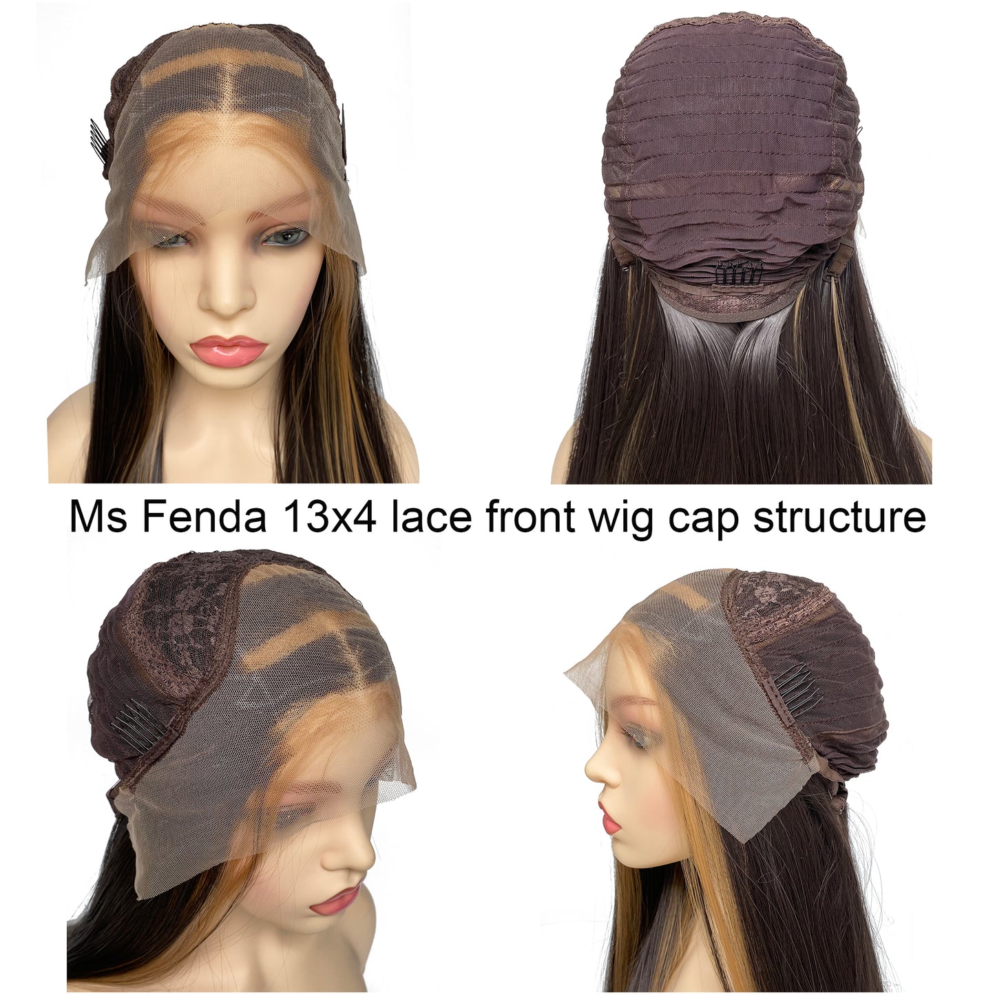 BEYOUNGER Dark Brown Highlight Color Long Straight Heat Resistant Wig 13x4 Lace Front Synthetic Wig