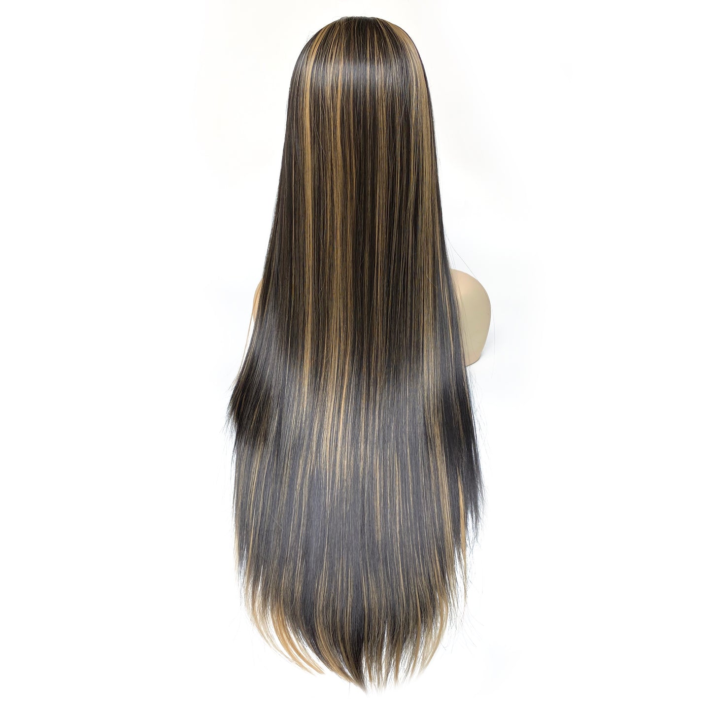 BEYOUNGER Dark Brown Highlight Color Long Straight Heat Resistant Wig 13x4 Lace Front Synthetic Wig