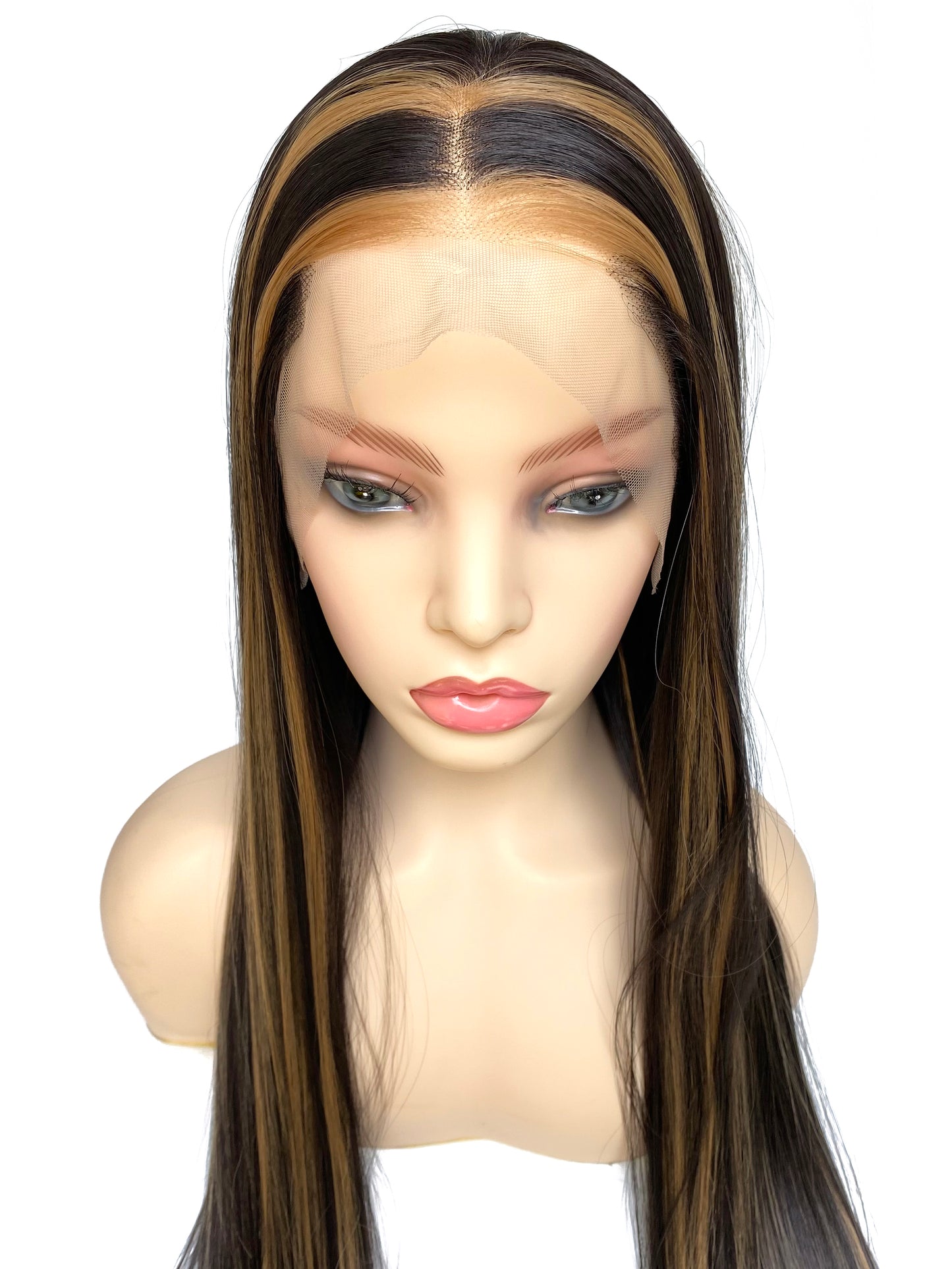 BEYOUNGER Dark Brown Highlight Color Long Straight Heat Resistant Wig 13x4 Lace Front Synthetic Wig