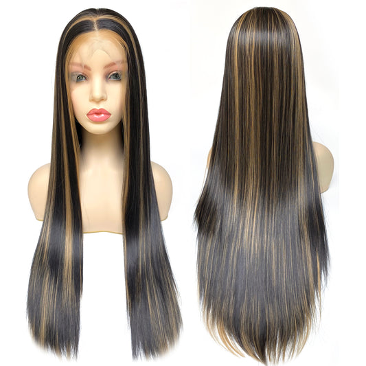 BEYOUNGER Dark Brown Highlight Color Long Straight Heat Resistant Wig 13x4 Lace Front Synthetic Wig