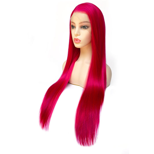 BEYOUNGER Fuchsia Pink Color Long Straight Heat Resistant Wigs 13x4 Lace Front Synthetic Wigs