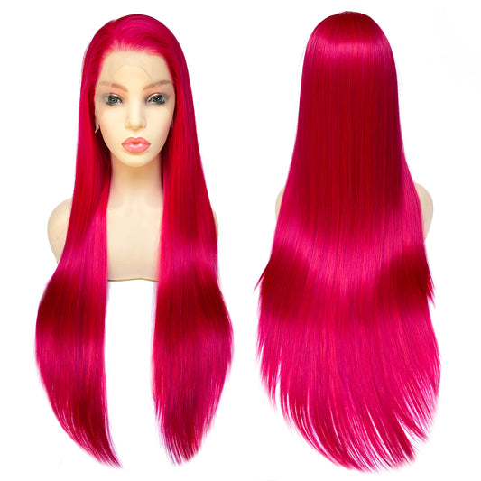 BEYOUNGER Fuchsia Pink Color Long Straight Heat Resistant Wigs 13x4 Lace Front Synthetic Wigs