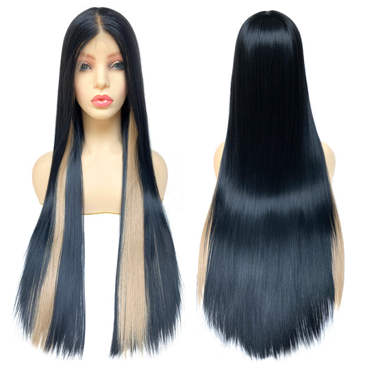 BEYOUNGER Black Highlight Blonde Color Long Straight Heat Resistant Wigs 13x4 Lace Front Synthetic Wigs
